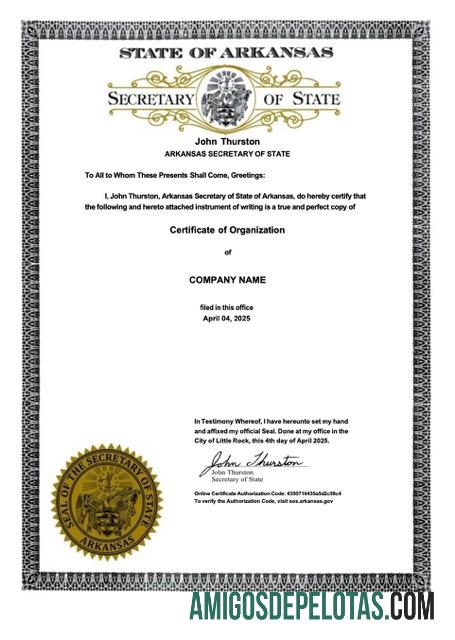 Modelo realista de certificado de organização dos EUA Arkansas Word e PDF